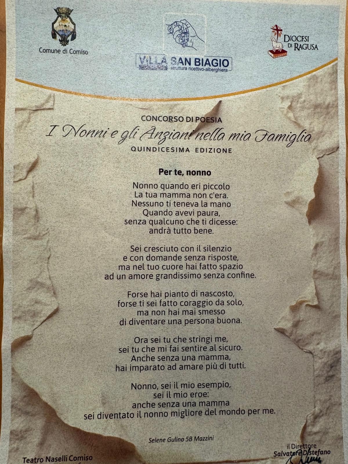 Poesia vincitrice – Per te nonno – Selene Gulino – 5^B Mazzini